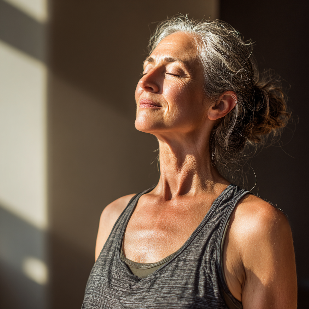 Middle-aged woman practicing gentle yoga stretches in natural light setting