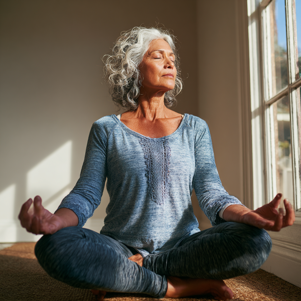 Older adult in comfortable yoga pose focusing on breath and stability